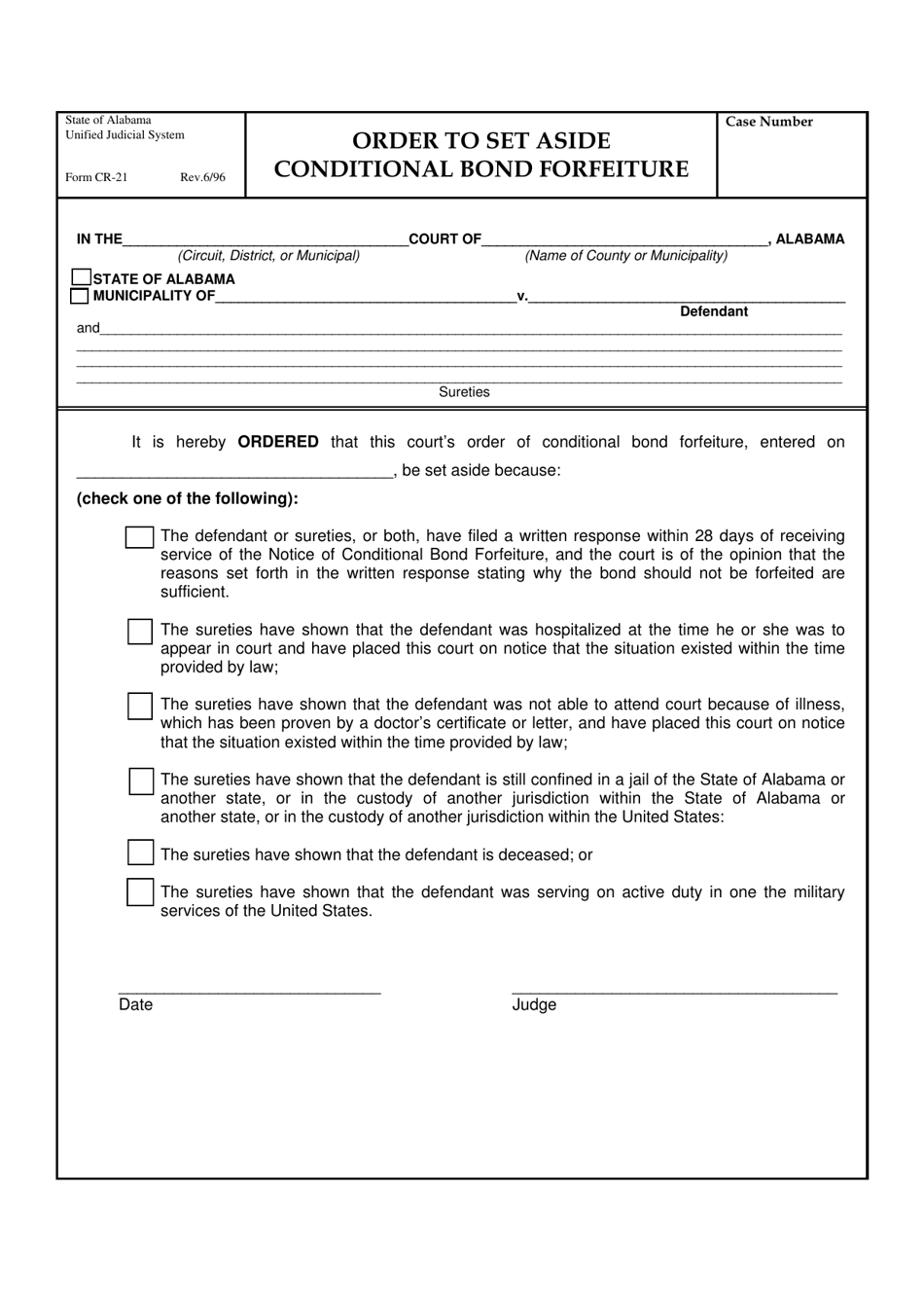 Form CR-21 Order to Set Aside Conditional Bond Forfeiture - Alabama, Page 1