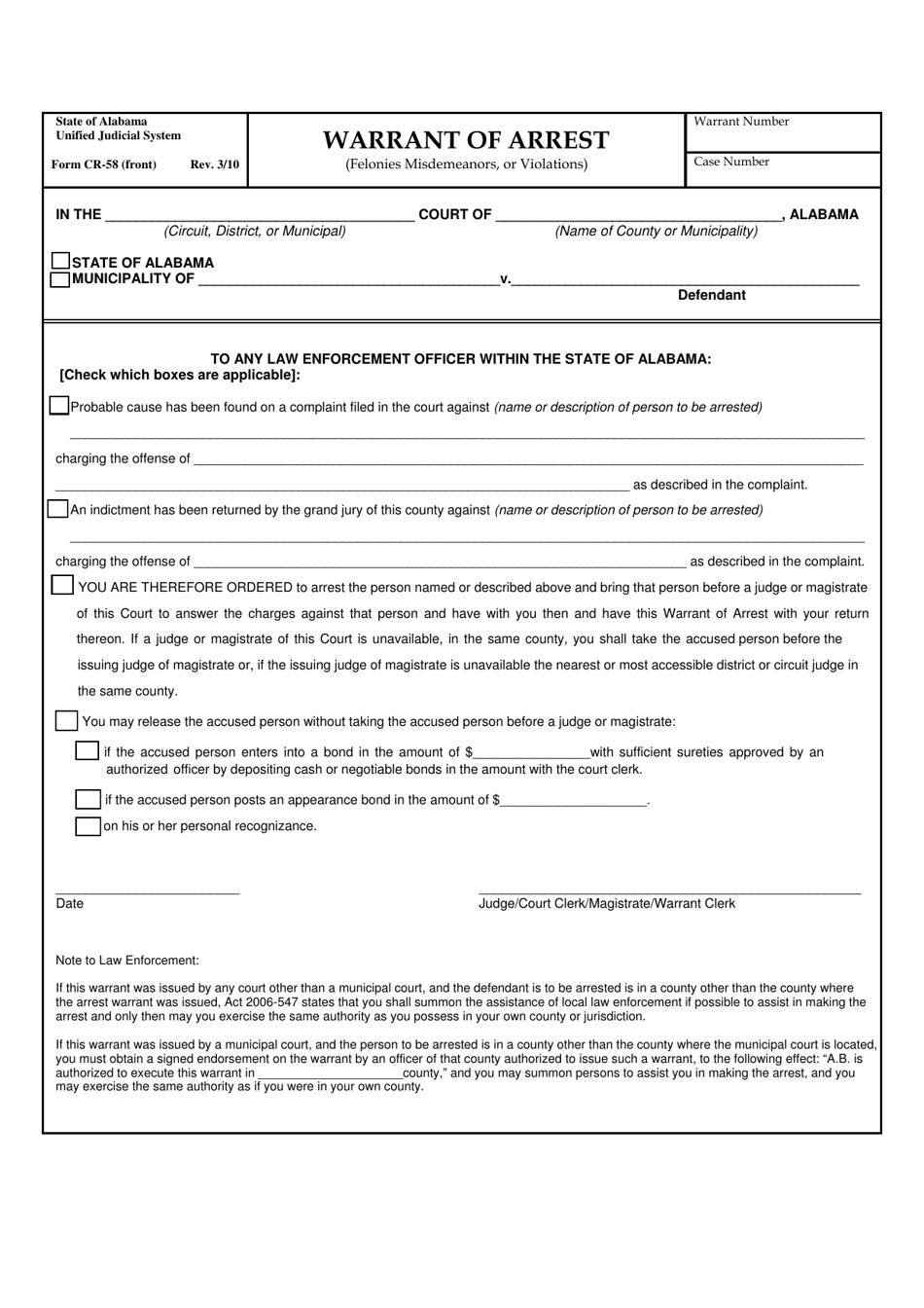 Form CR-58 Warrant of Arrest (Felonies Misdemeanors, or Violations) - Alabama, Page 1