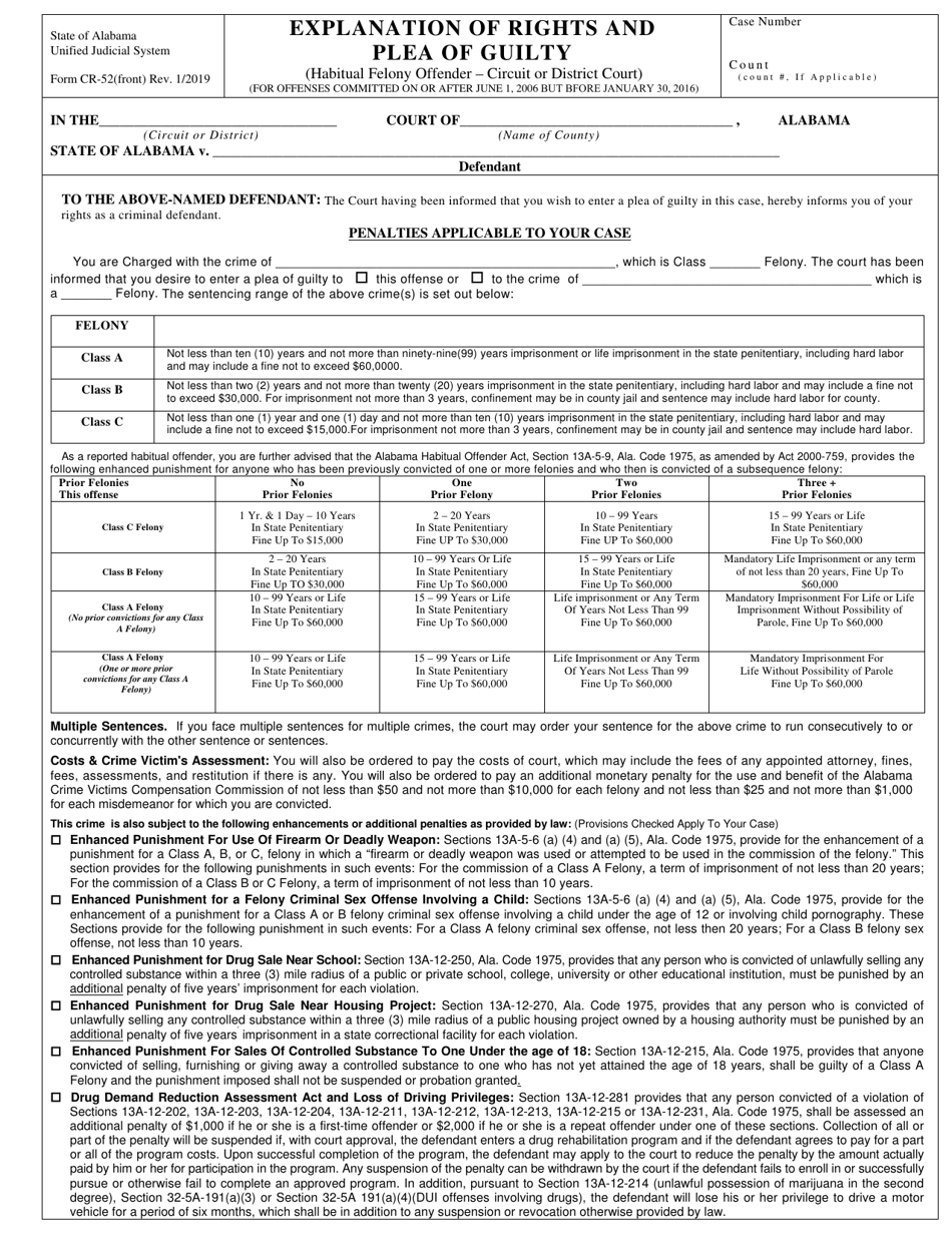 Form CR-52 Explanation of Rights and Plea of Guilty (After June 2006 but Before January 30, 2016) - Alabama, Page 1