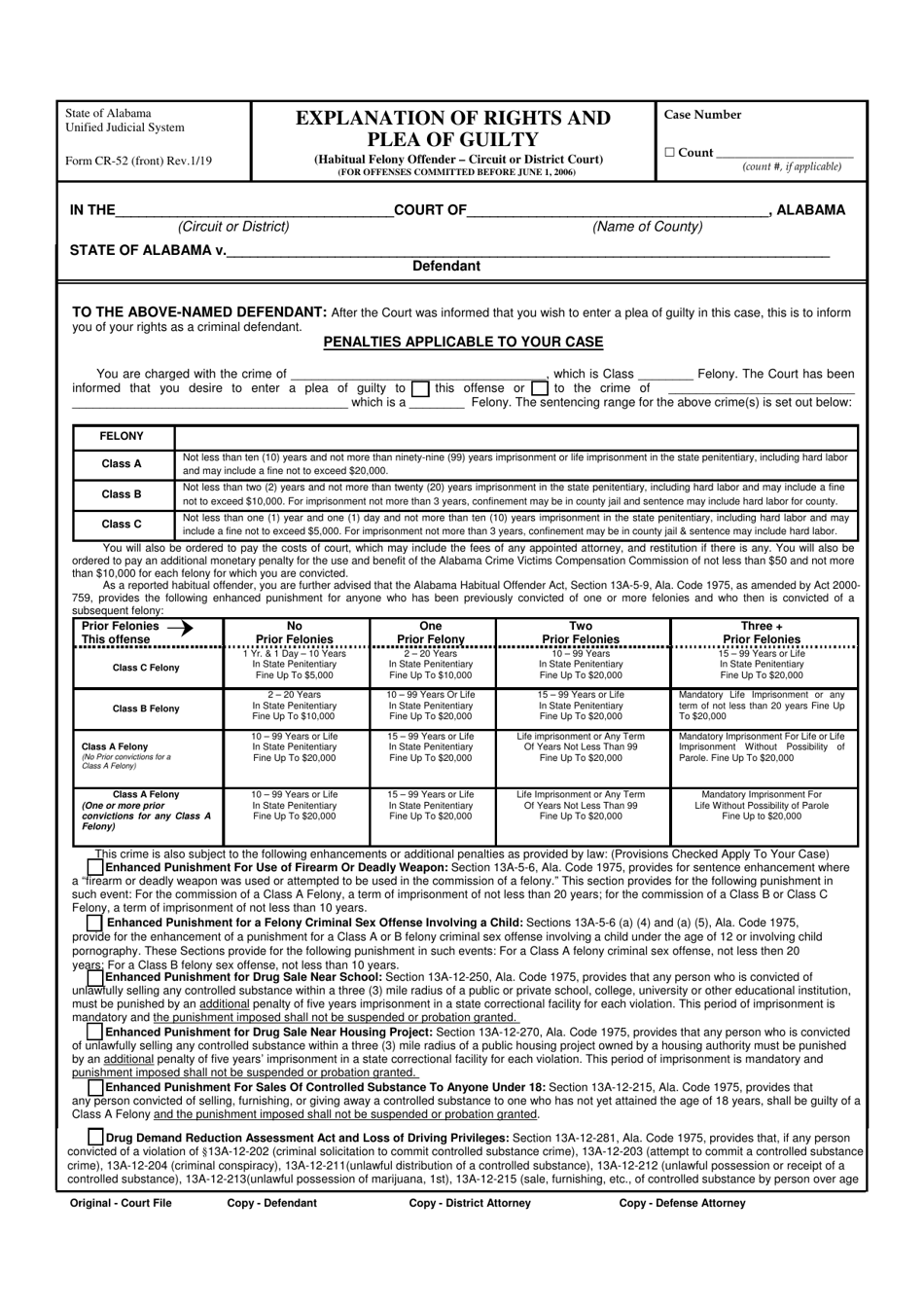 Form CR-52 Explanation of Rights and Plea of Guilty (Habitual Felony Offender - Circuit or District Court) (For Offenses Committed Before June 1, 2006) - Alabama, Page 1