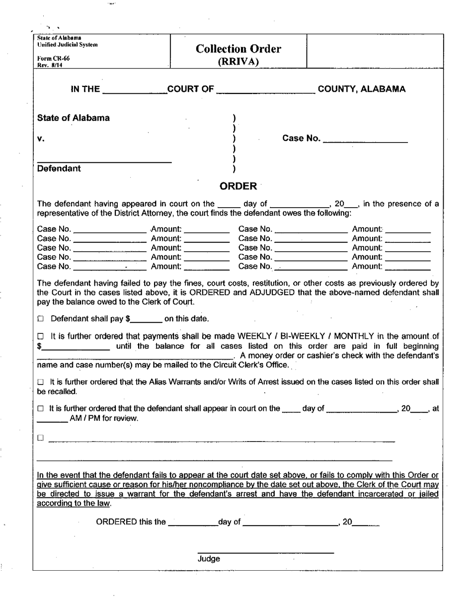 Form CR-66 Collection Order (Rriva) - Alabama, Page 1
