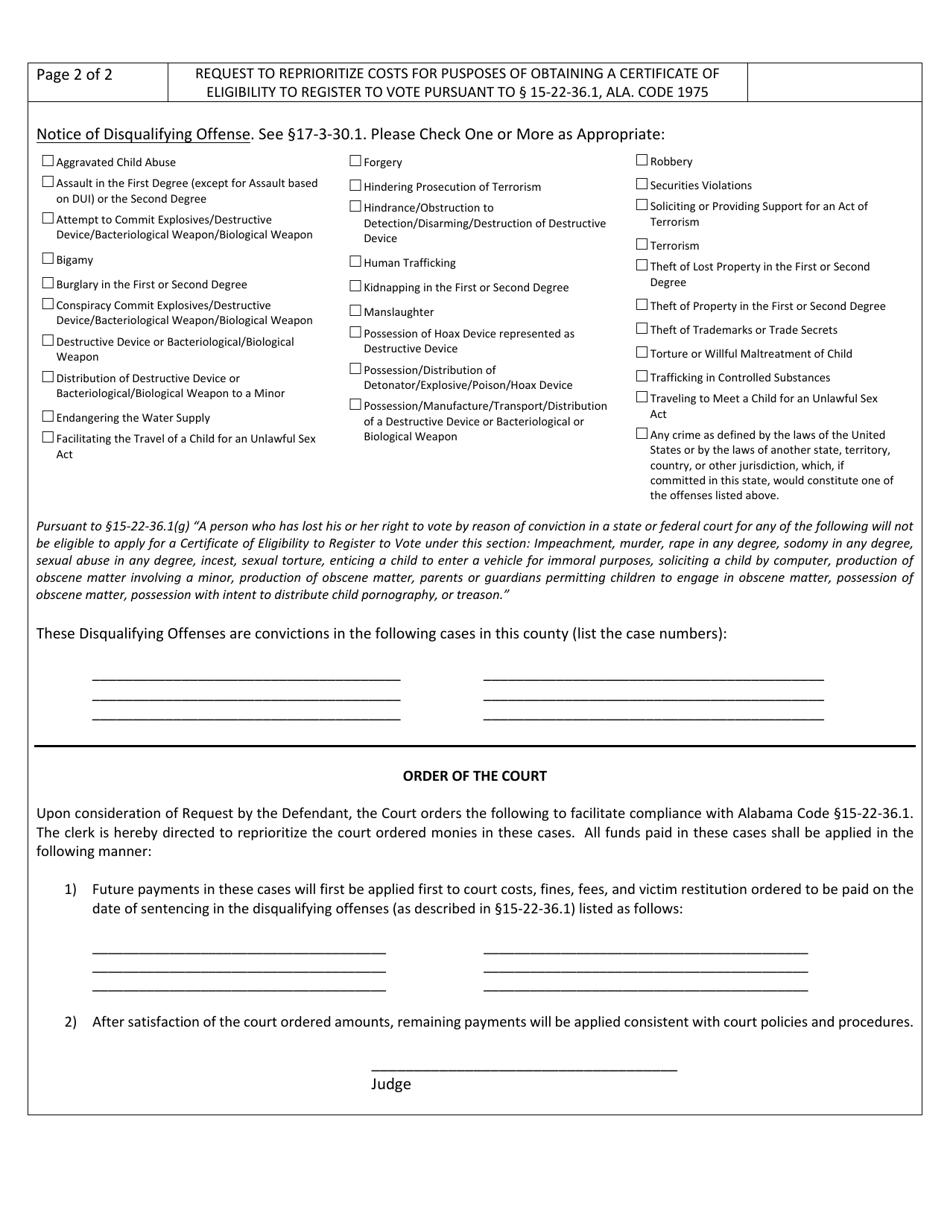 Request to Reprioritize Costs for Pusposes of Obtaining a Certificate of Eligibility to Register to Vote Pursuant to 15-22-36.1, Ala. Code 1975 - Alabama, Page 2