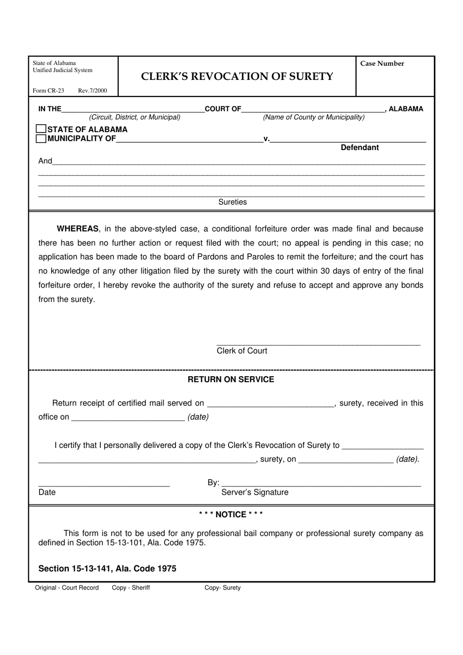 Form CR-23 Clerks Revocation of Surety - Alabama, Page 1