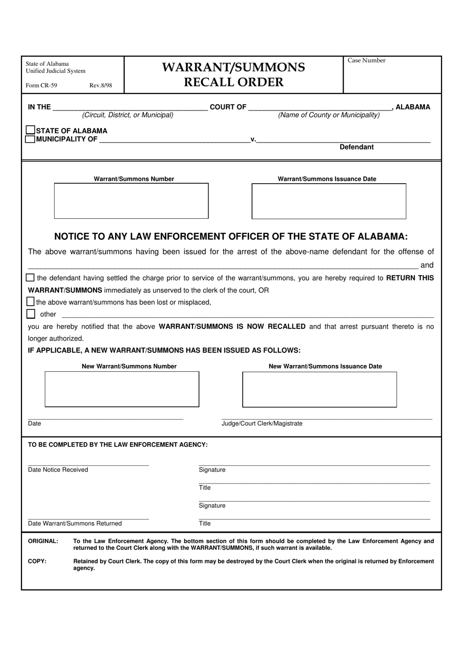 Form CR-59 Warrant / Summons Recall Order - Alabama, Page 1