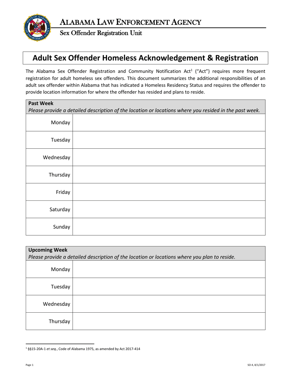 Form SO-4 Adult Sex Offender Homeless Acknowledgement  Registration - Alabama, Page 1