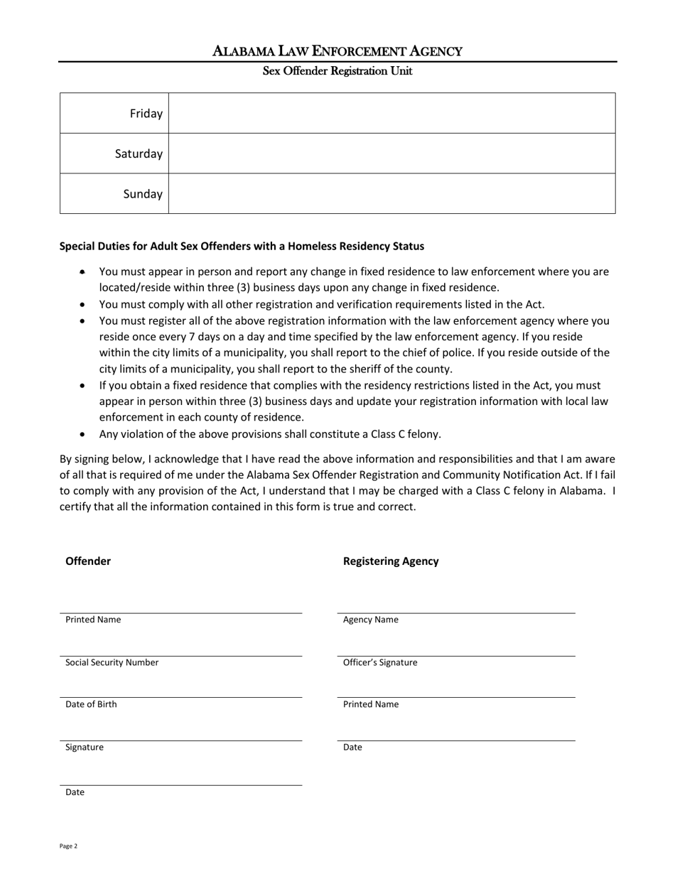 Form SO-4 Adult Sex Offender Homeless Acknowledgement  Registration - Alabama, Page 2