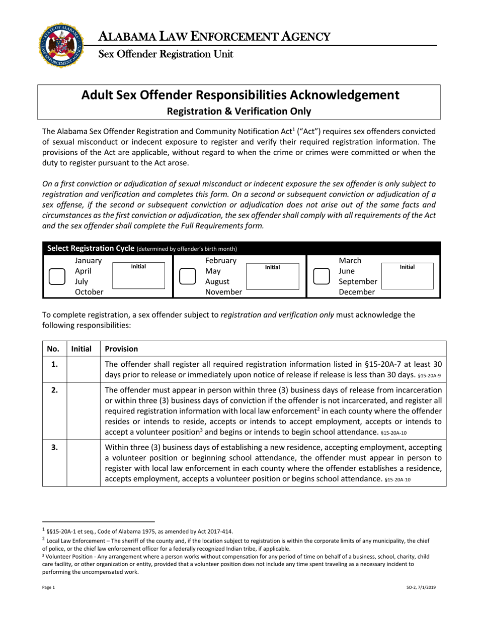 Form SO-2 Adult Sex Offender Responsibilities Acknowledgement - Registration  Verification Only - Alabama, Page 1
