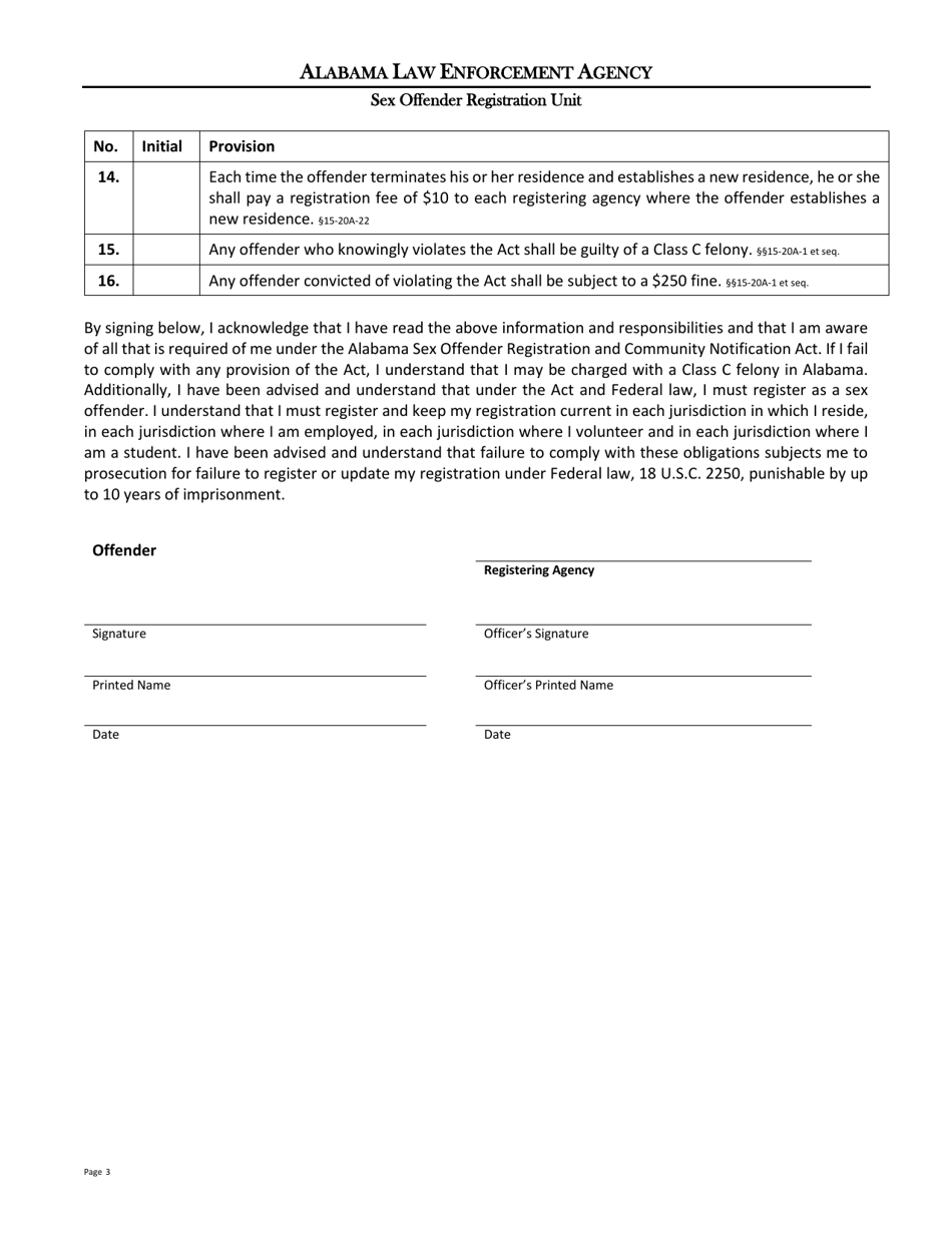 Form SO-2 Adult Sex Offender Responsibilities Acknowledgement - Registration  Verification Only - Alabama, Page 3