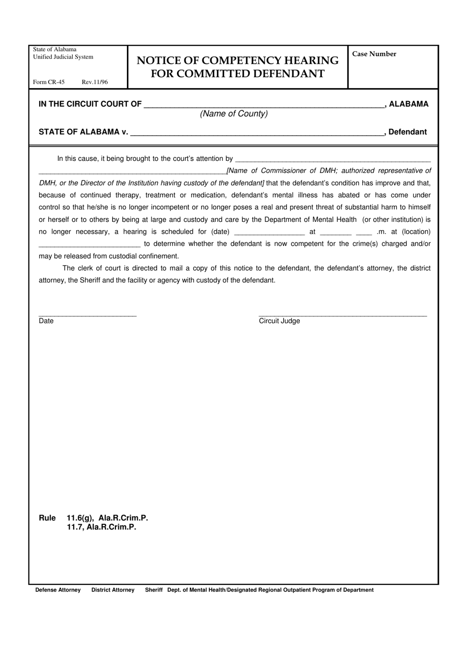 Form CR-45 Notice of Competency Hearing for Committed Defendant - Alabama, Page 1