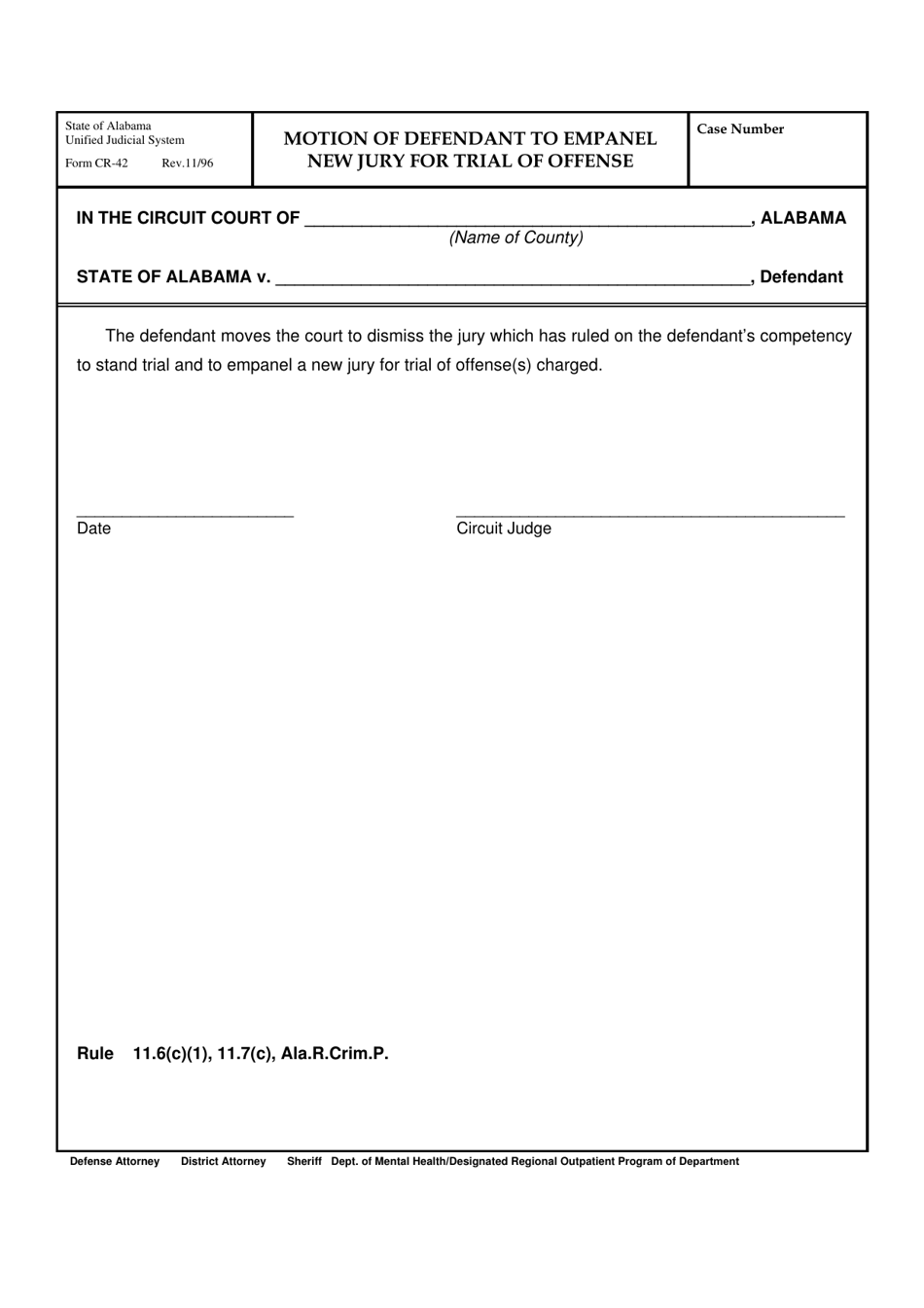 Form CR-42 Motion of Defendant to Empanel New Jury for Trial of Offense - Alabama, Page 1