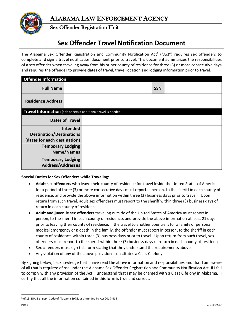 Form SO-3 Sex Offender Travel Notification Document - Alabama, Page 1