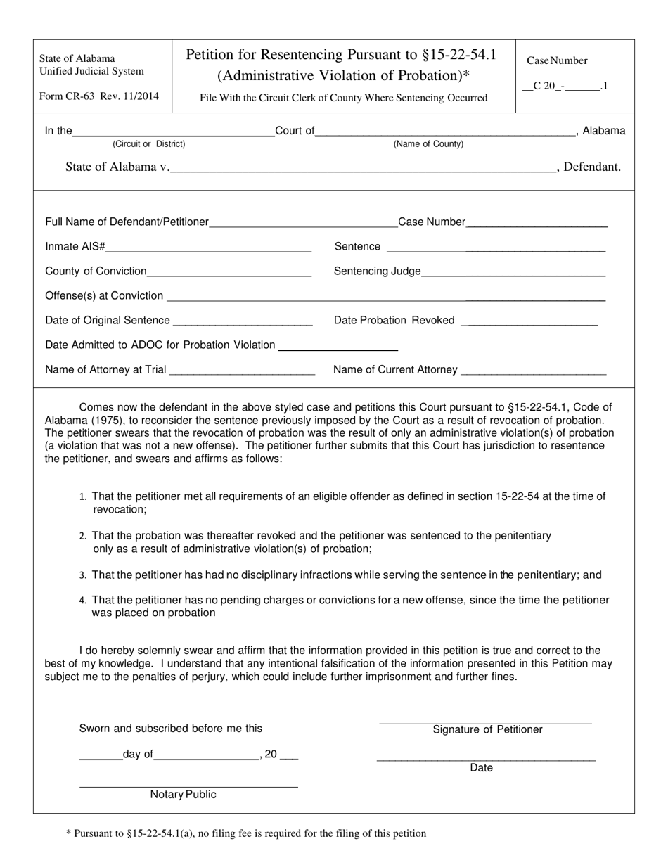Form CR-63 Petition for Resentencing Pursuant to 15-22-54.1 (Administrative Violation of Probation) - Alabama, Page 1