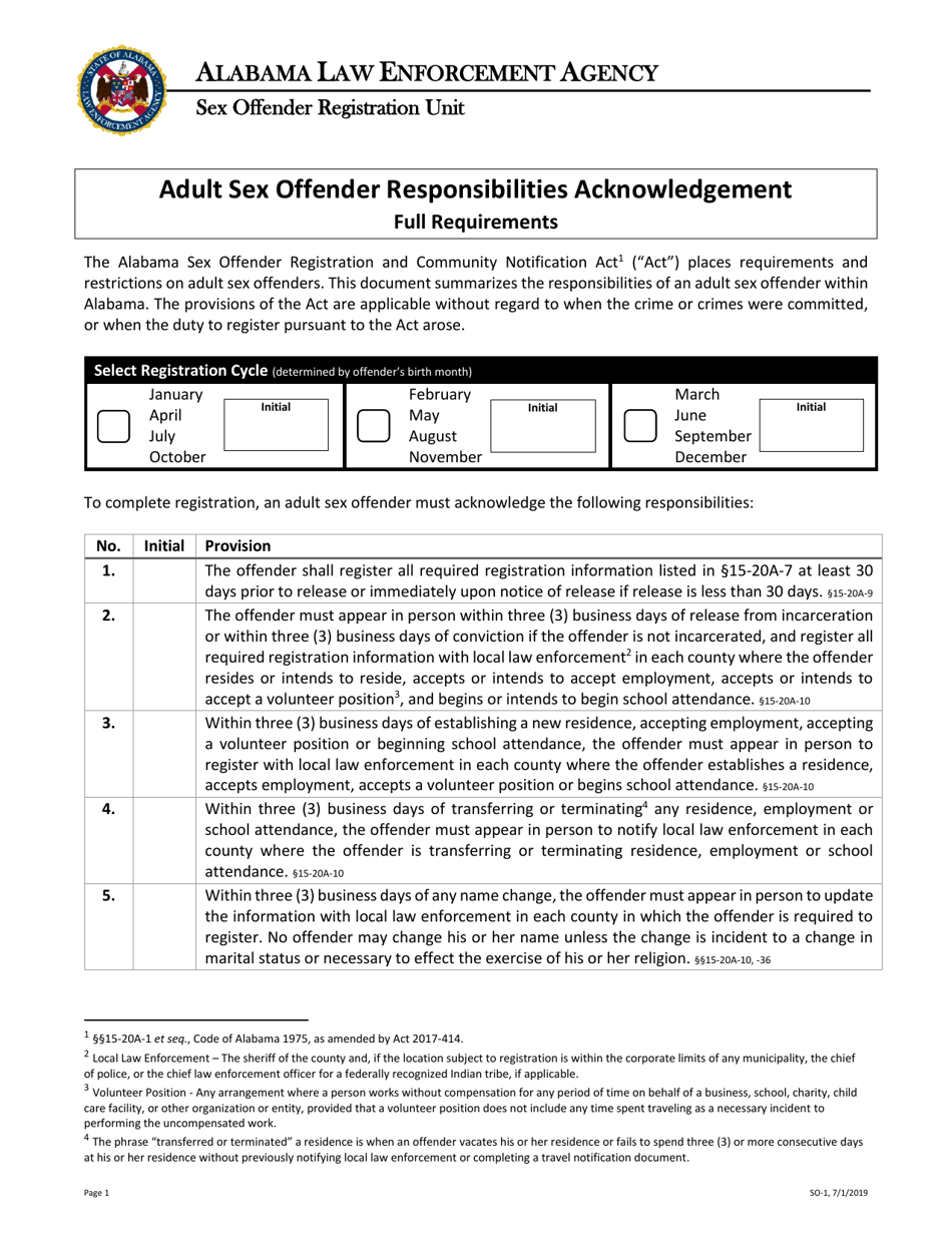 Form SO-1 Adult Sex Offender Responsibilities Acknowledgement - Full Requirements - Alabama, Page 1