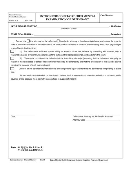 Form CR-38 Motion for Court-Ordered Mental Examination of Defendant - Alabama