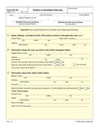 Form PS-04 &quot;Petition to Establish Paternity&quot; - Alabama