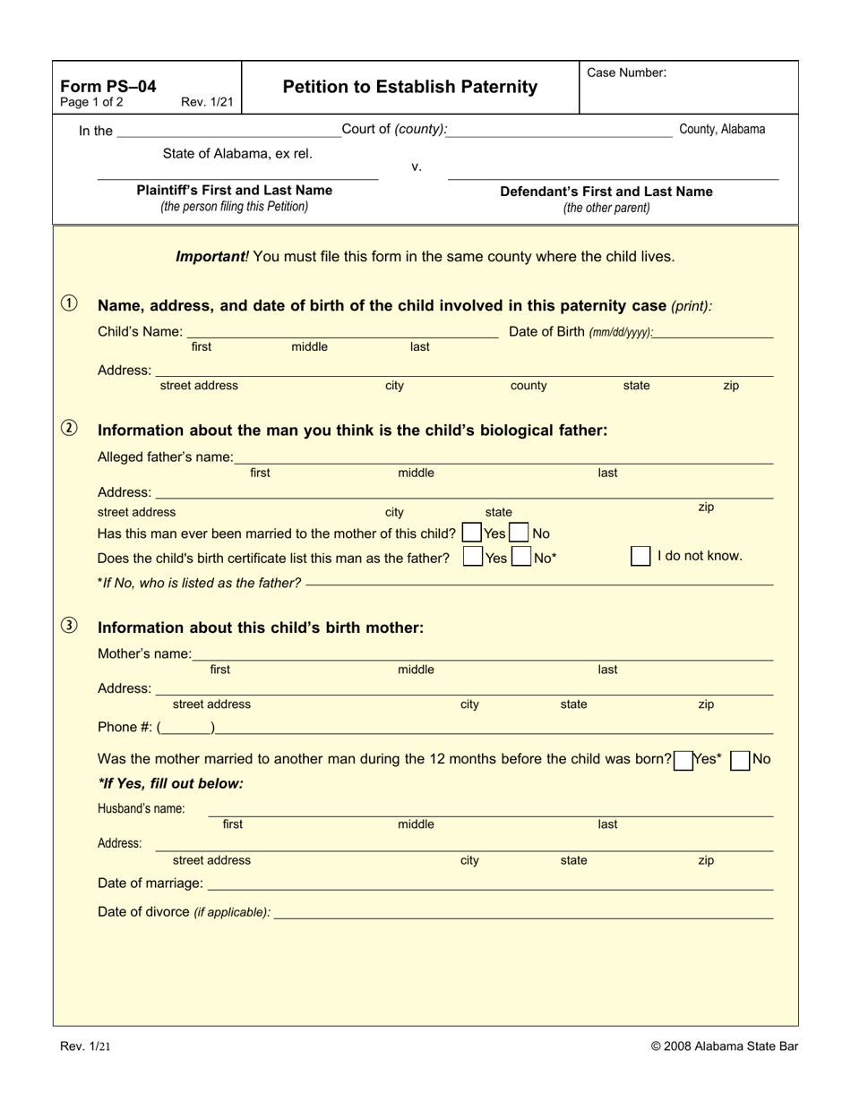 Form PS-04 Petition to Establish Paternity - Alabama, Page 1