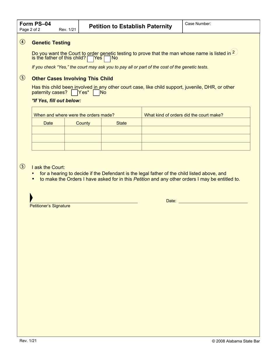 Form PS-04 Petition to Establish Paternity - Alabama, Page 2