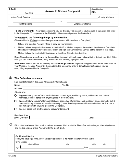 Form PS-21 Answer to Divorce Complaint - Alabama