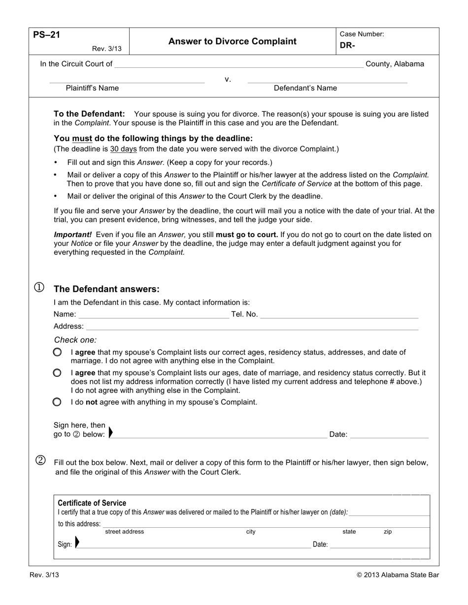Form PS-21 Answer to Divorce Complaint - Alabama, Page 1