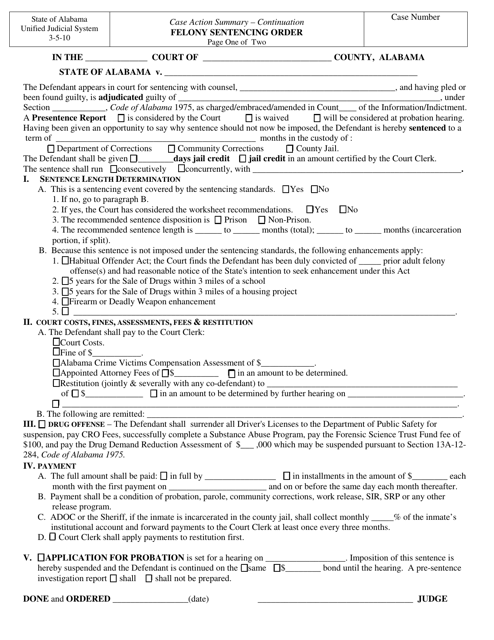 Felony Sentencing Order - Alabama Download Pdf