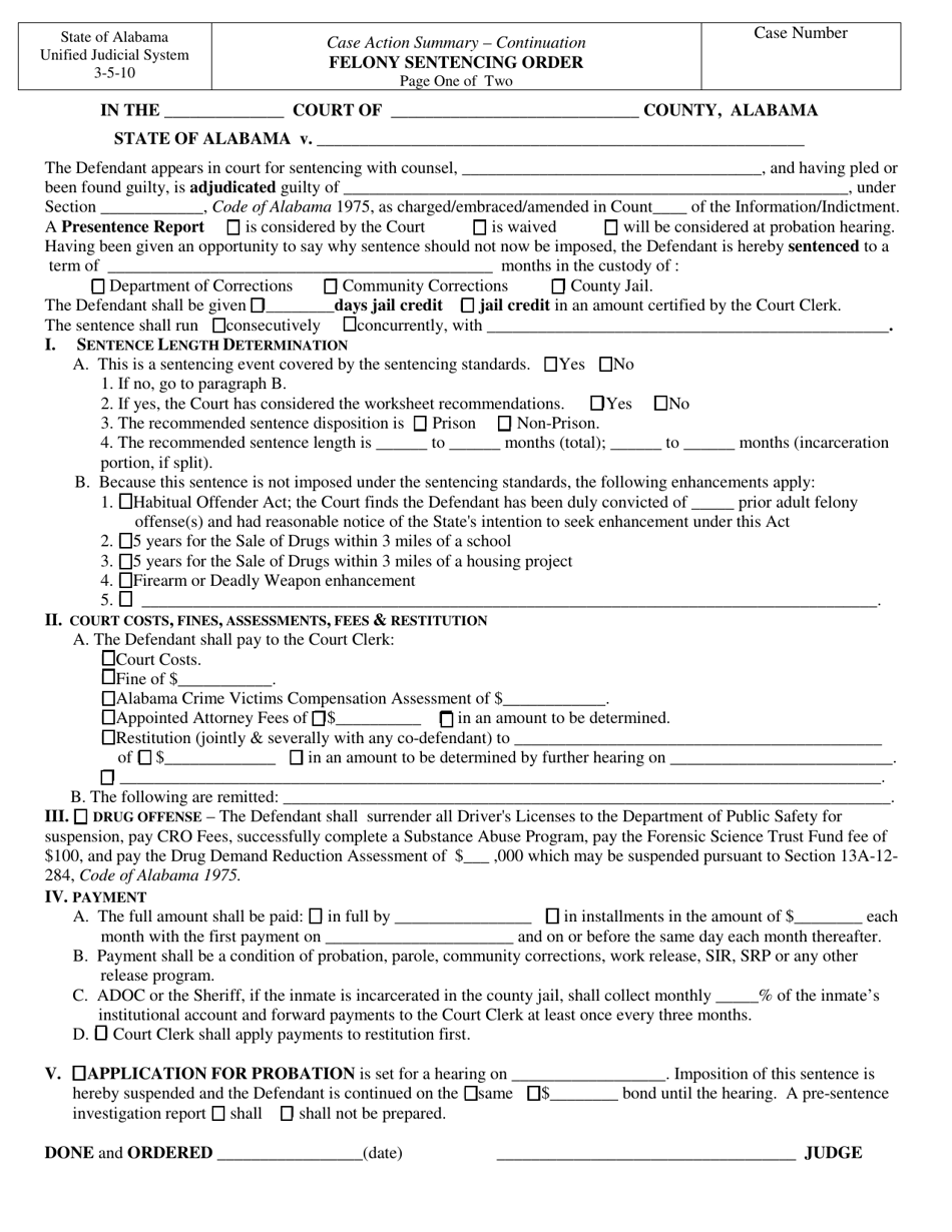 Alabama Felony Sentencing Order Download Fillable PDF Templateroller