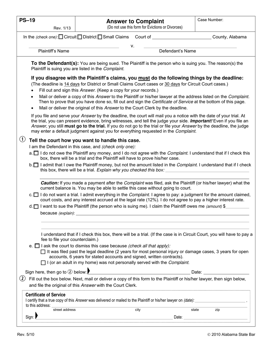 Form PS-19 Answer to Complaint - Alabama, Page 1