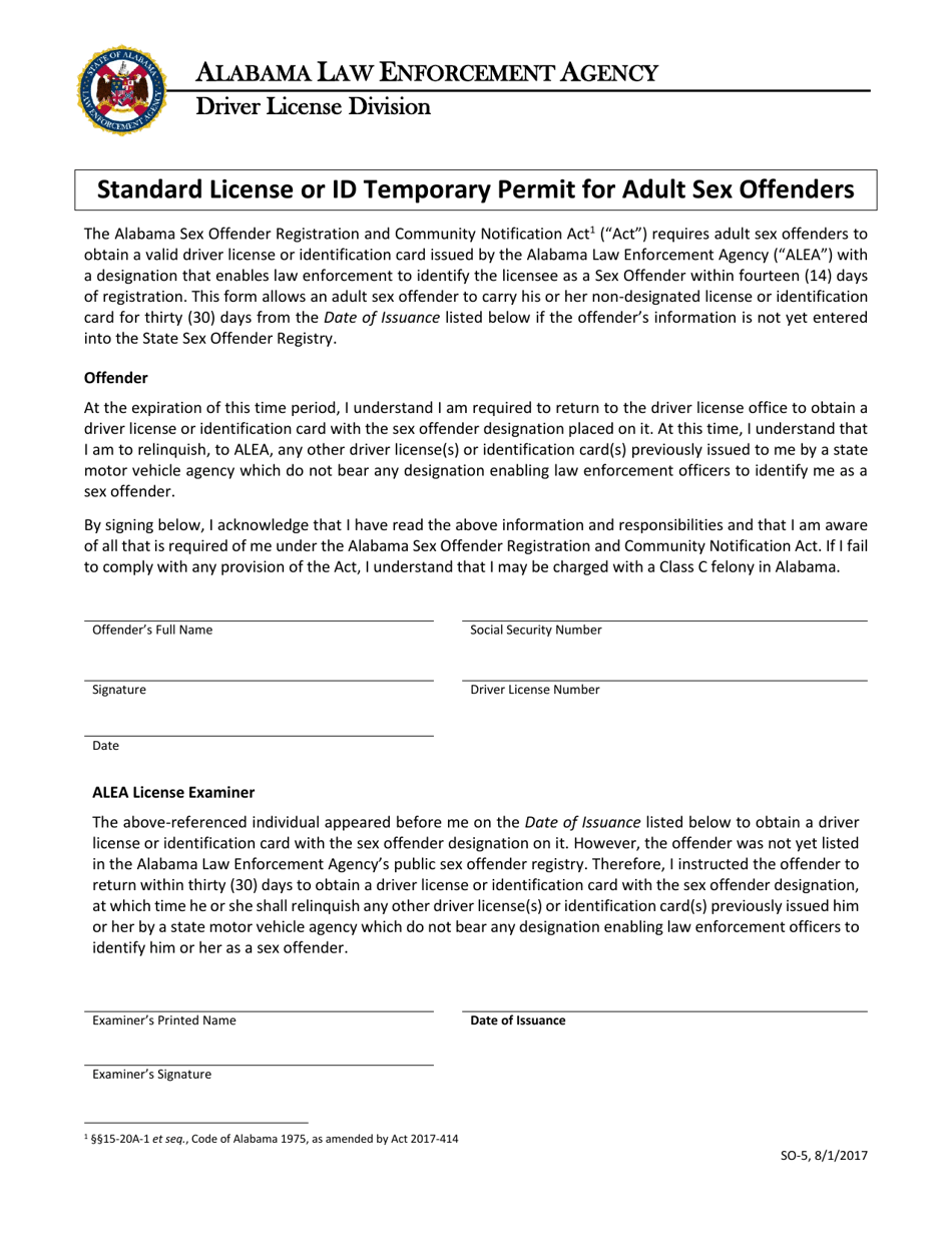 Form SO-5 Standard License or Id Temporary Permit for Adult Sex Offenders - Alabama, Page 1