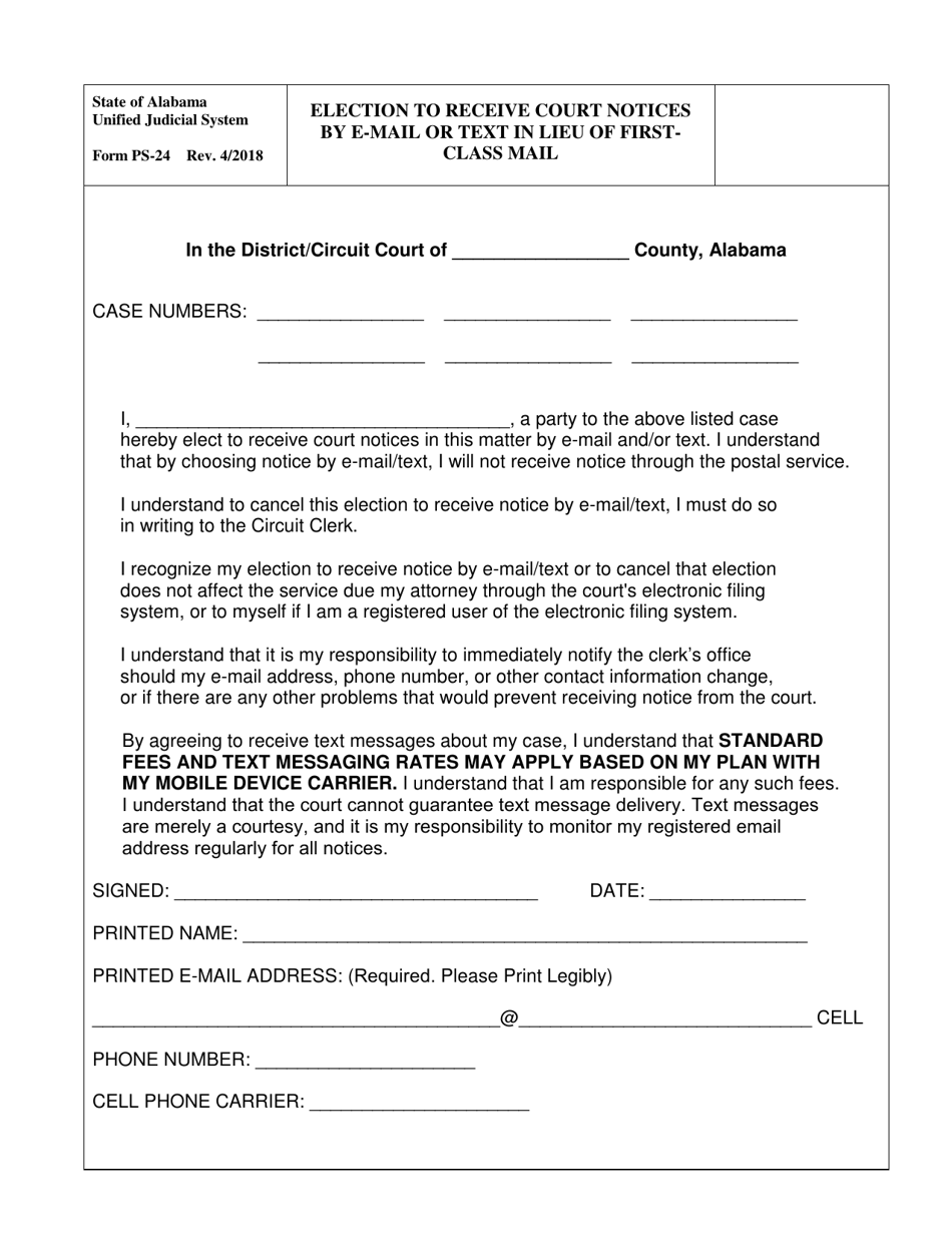 Form PS-24 Election to Receive Court Notices by E-Mail or Text in Lieu of Firstclass Mail - Alabama, Page 1