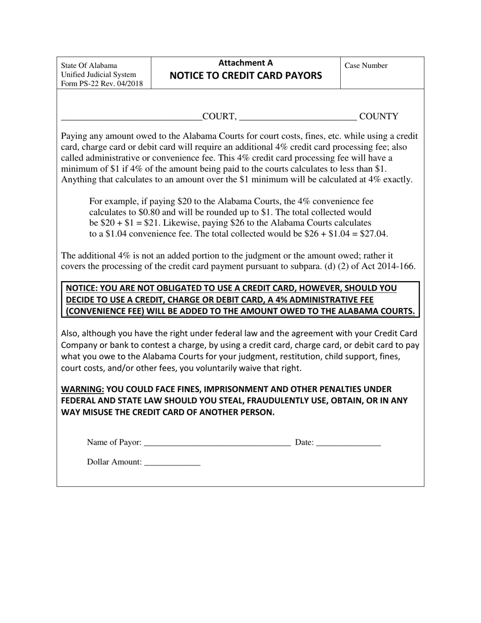 Form PS-22 Attachment A Notice to Credit Card Payors - Alabama, Page 1
