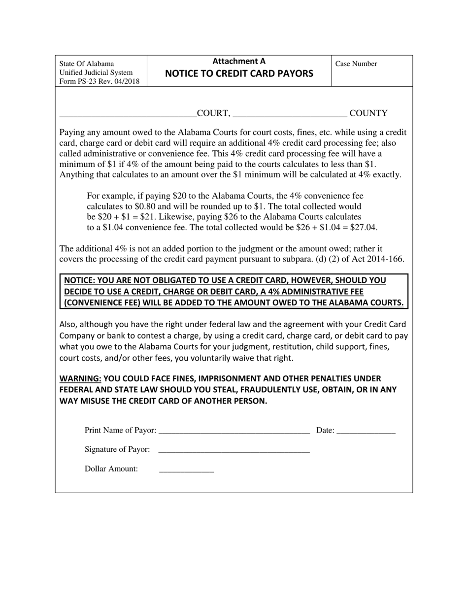Form PS-23 Attachment A Notice to Credit Card Payors - Agreement to Pay Debt of Another - Alabama, Page 1