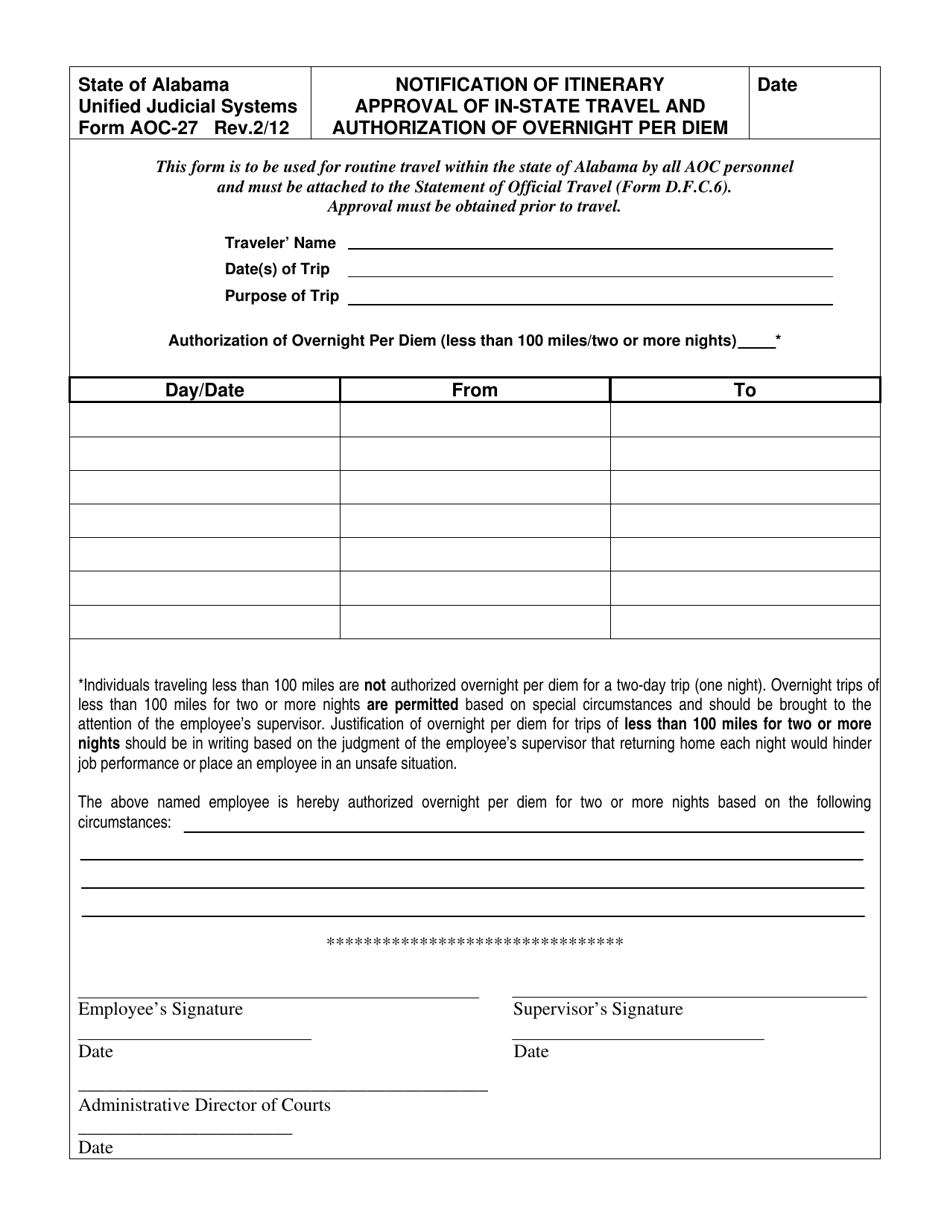 Form AOC-27 Notification of Itinerary Approval of in-State Travel and Authorization of Overnight Per Diem - Alabama, Page 1