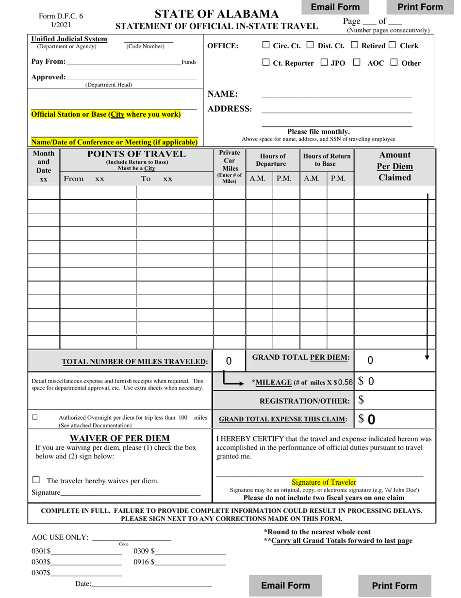 Form DFC-06 Statement of Official in-State Travel - Alabama, Page 1