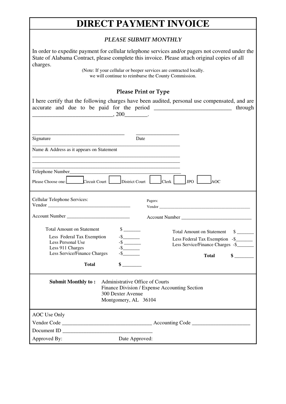 Direct Payment Invoice - Alabama, Page 1