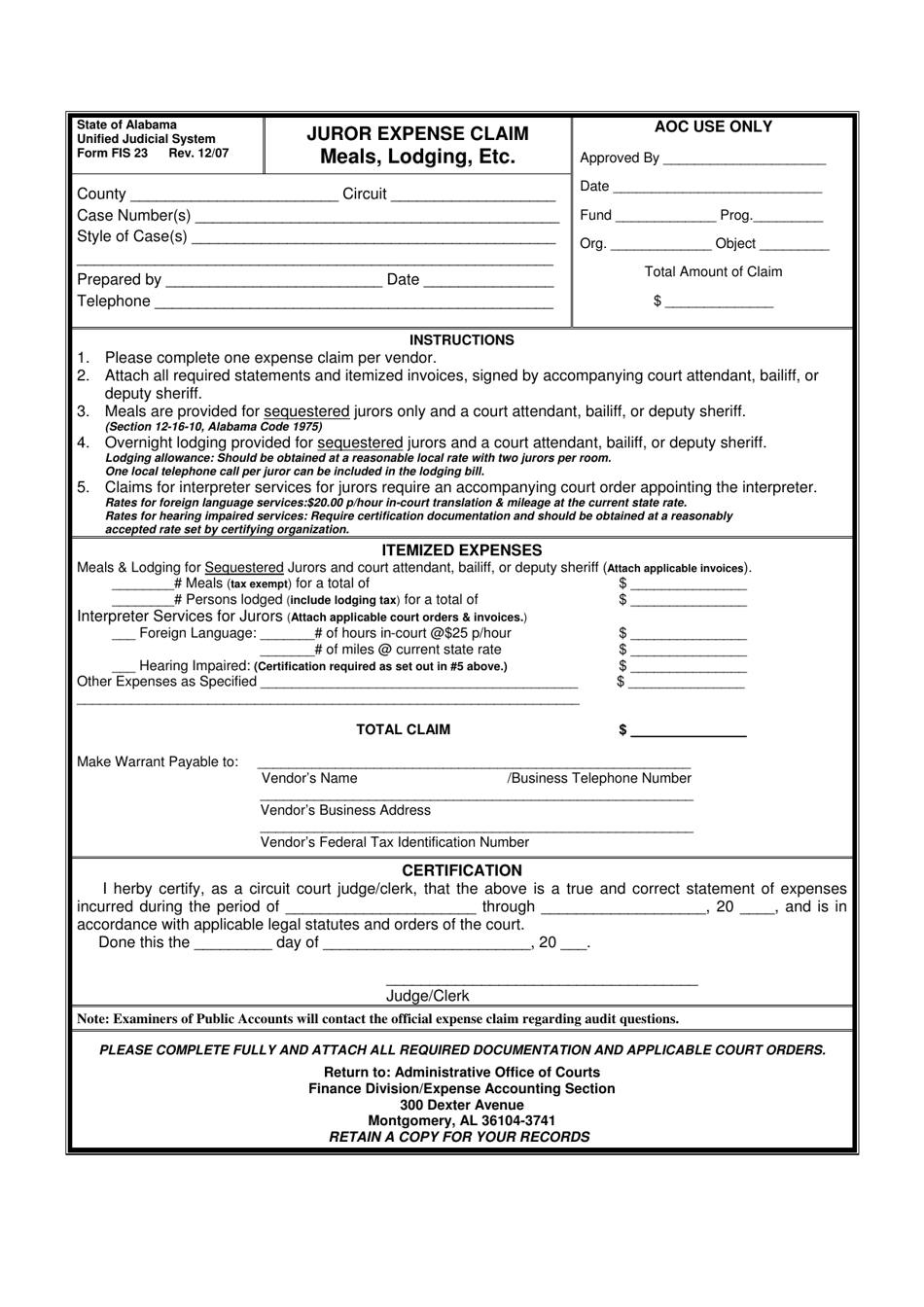 Form FIS-23 Juror Expense Claim - Alabama, Page 1