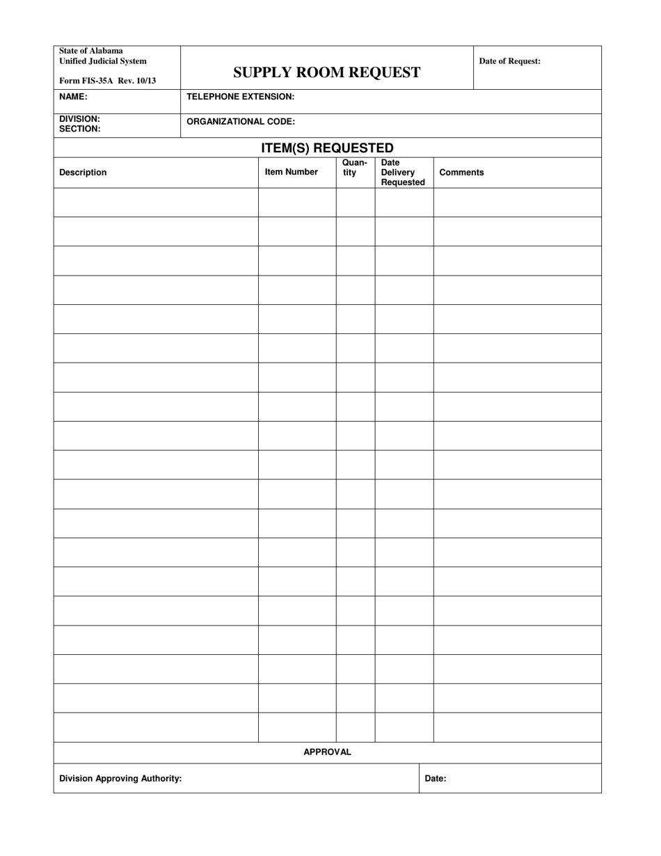 Form FIS-35A Supply Room Request - Alabama, Page 1