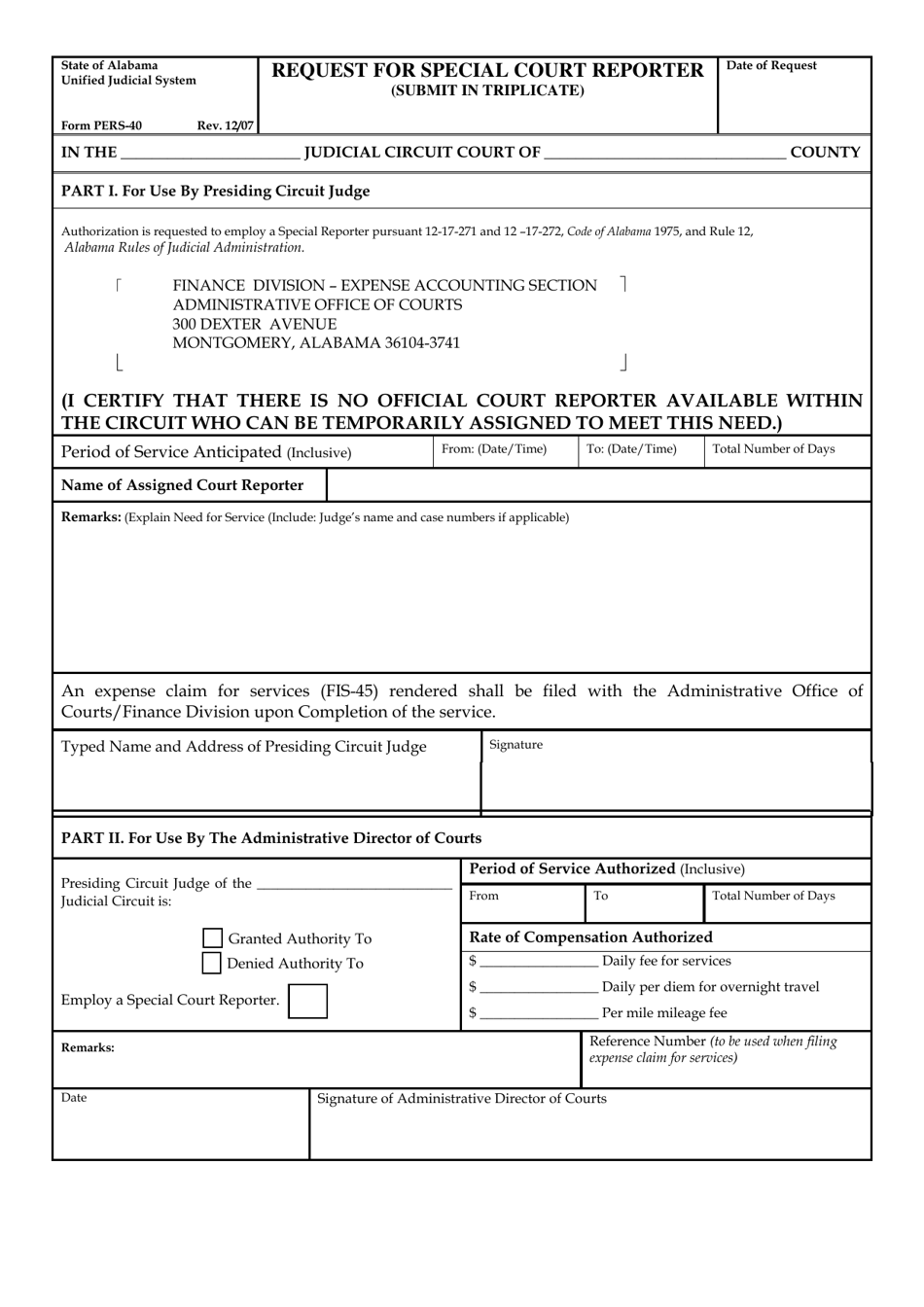 Form PERS-40 Request for Special Court Reporter - Alabama, Page 1
