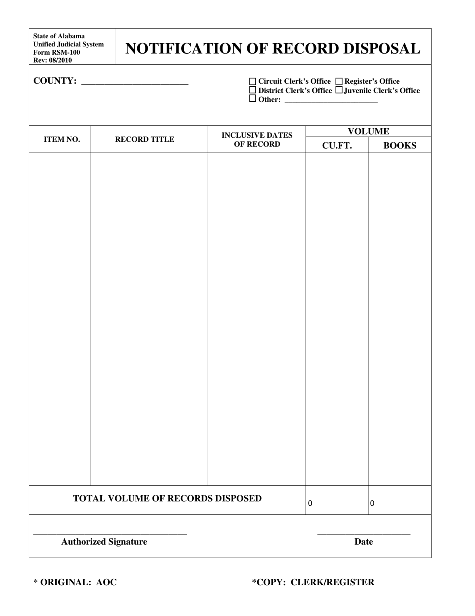 Form RSM-100 Notification of Record Disposal - Alabama, Page 1
