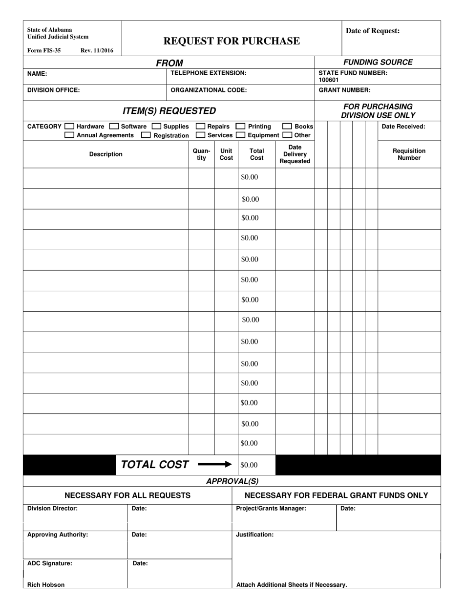 Form FIS-35 Request for Purchase - Alabama, Page 1