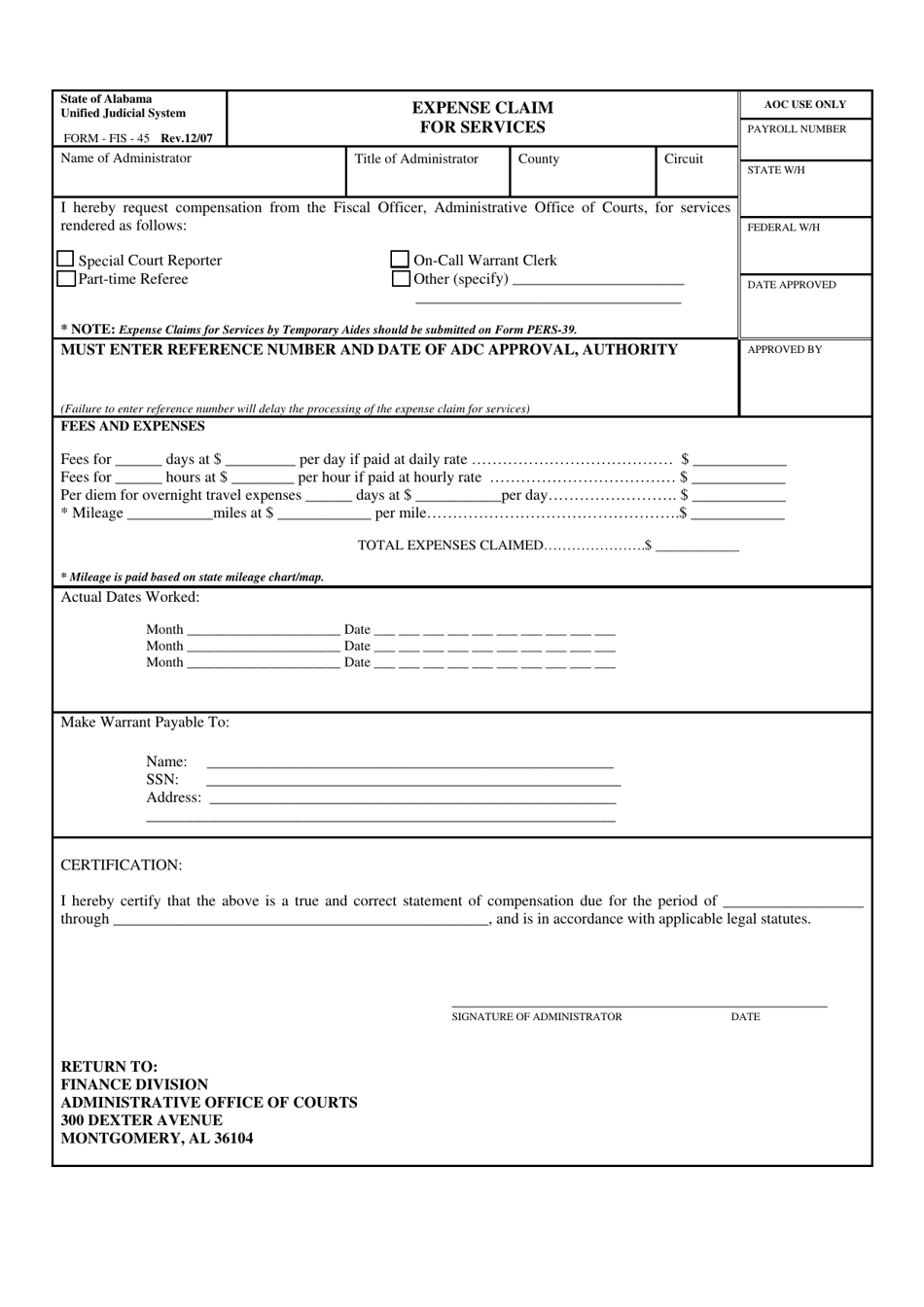 Form FIS-45 Expense Claim for Services - Alabama, Page 1
