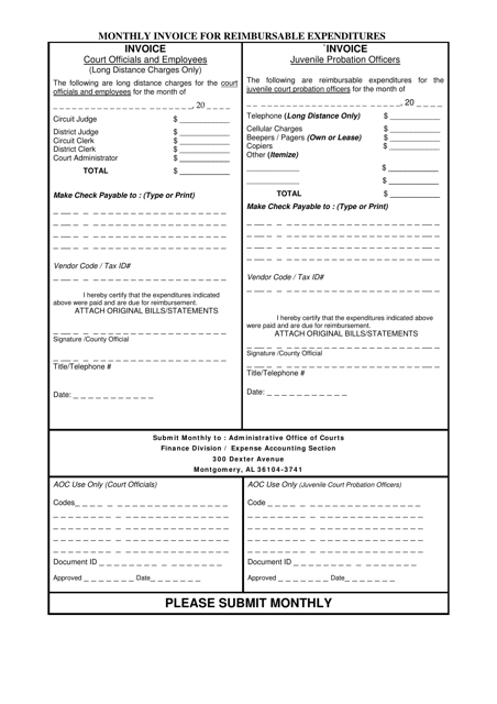 Monthly Invoice for Reimbursable Expenditures - Alabama