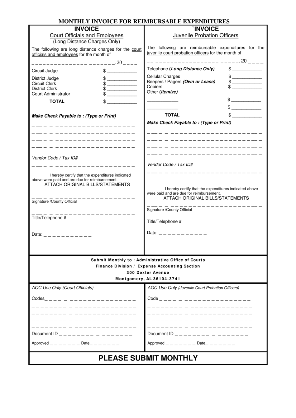 Monthly Invoice for Reimbursable Expenditures - Alabama, Page 1