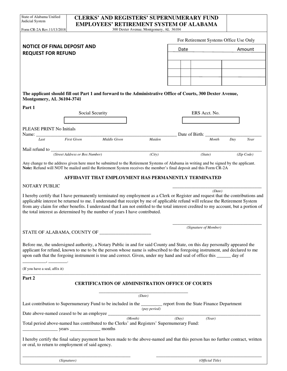 Form CR-2A Clerks and Registers Supernumerary Fund Employees Retirement System of Alabama - Alabama, Page 1