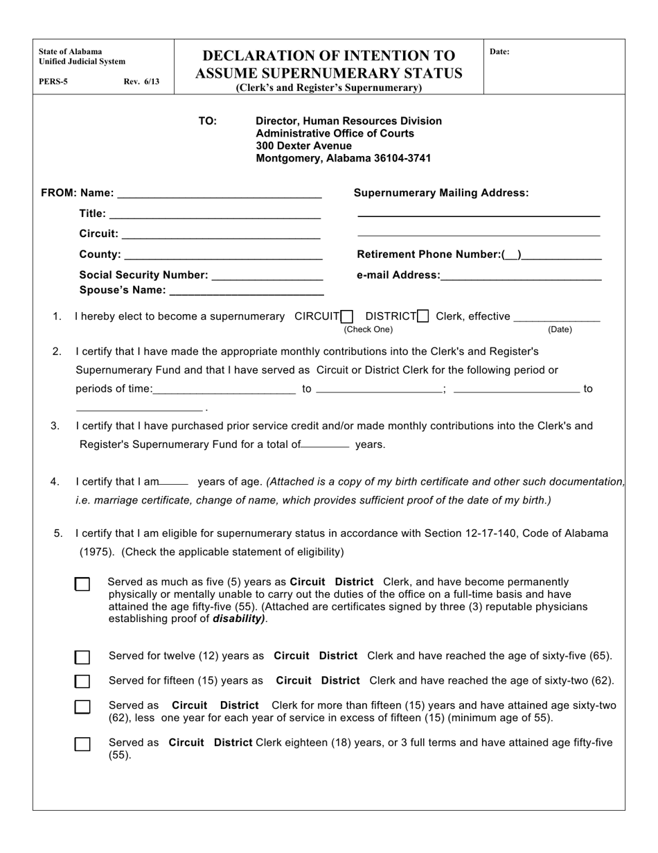 Form PERS-5 Declaration of Intention to Assume Supernumerary Status (Clerks and Registers Supernumerary) - Alabama, Page 1