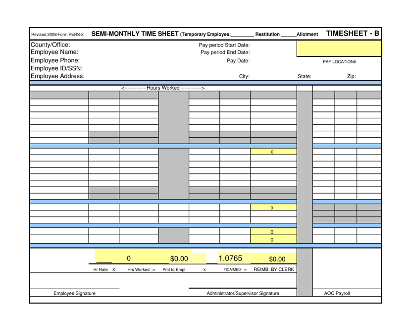 Form PERS-2 Semi-monthly Time Sheet - Timesheet B (For Restitution or Allotment Paid Employees Only) - Alabama