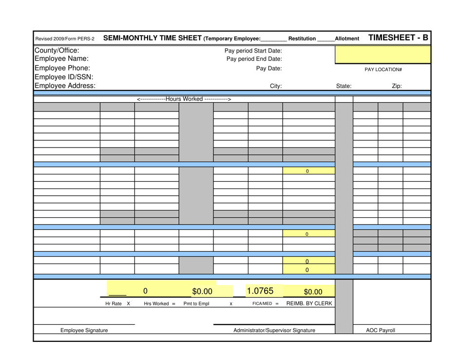 Form PERS-2 Semi-monthly Time Sheet - Timesheet B (For Restitution or Allotment Paid Employees Only) - Alabama, Page 1