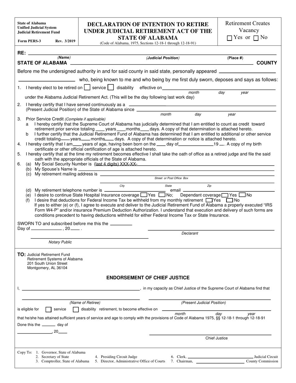 Form PERS-03 Declaration of Intention to Retire Under Judicial Retirement Act of the State of Alabama - Alabama, Page 1