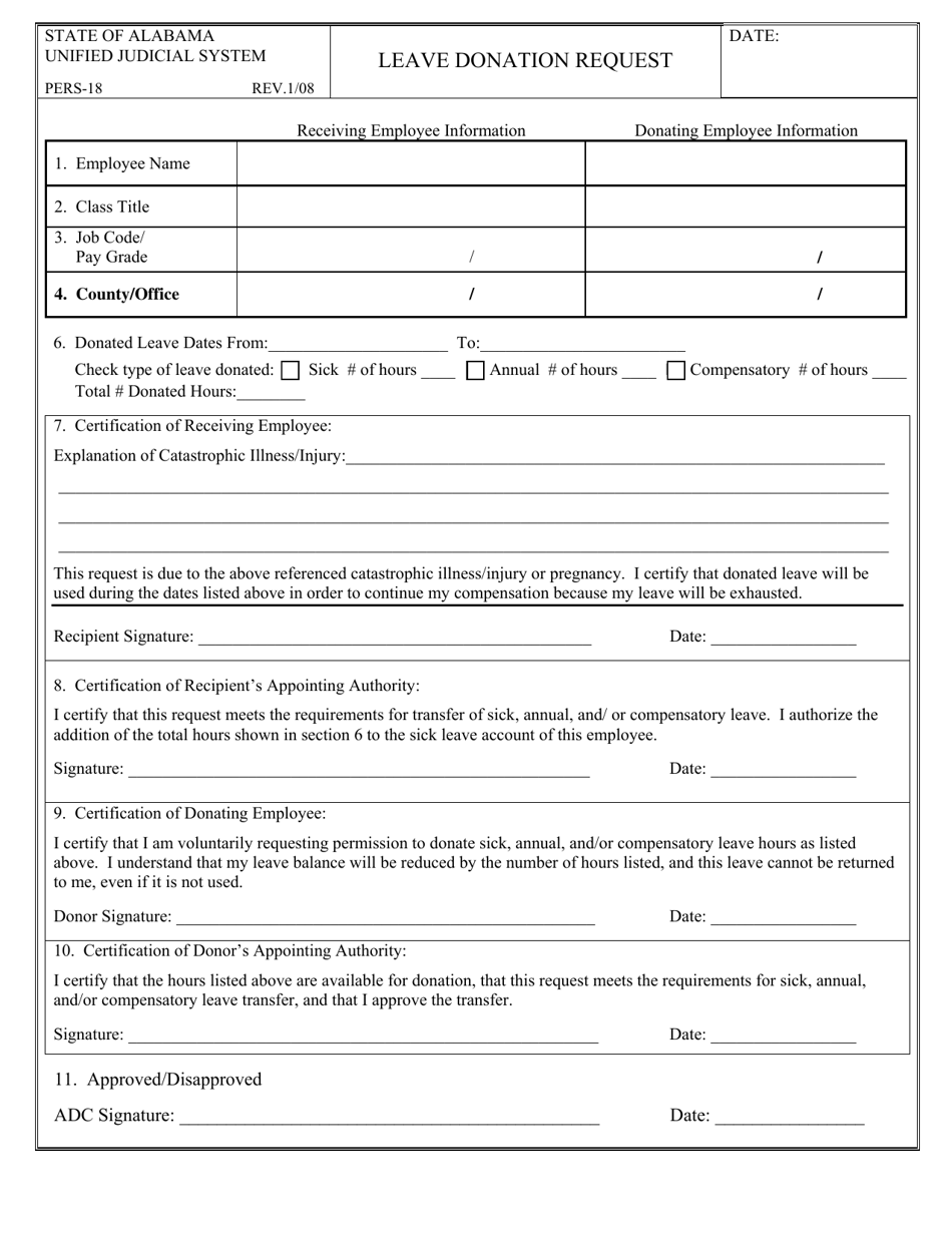 Form PERS-18 Leave Donation Request - Alabama, Page 1