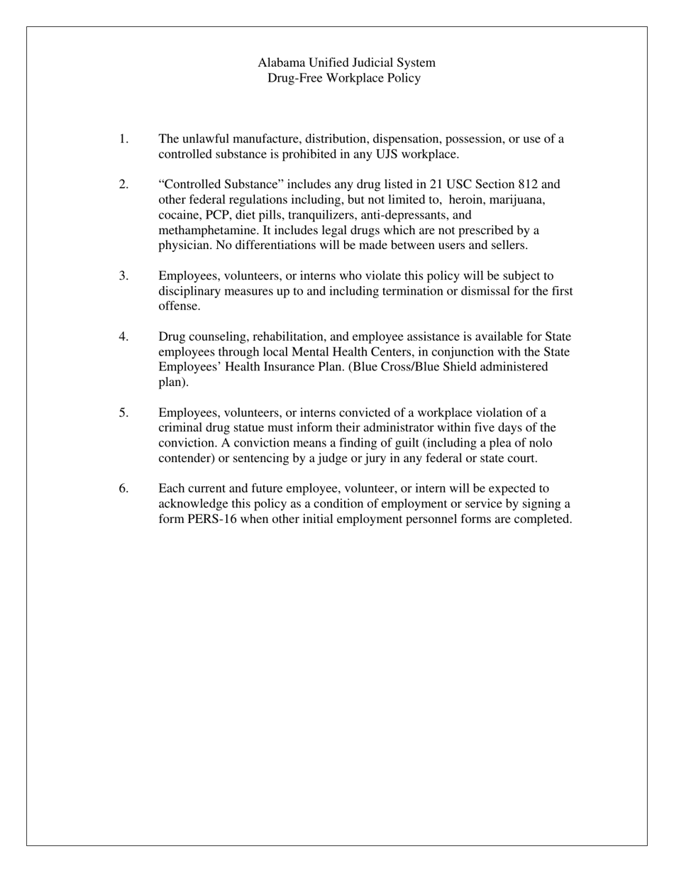 Form PERS-16 Acknowledgement of Drug Policy - Alabama, Page 1