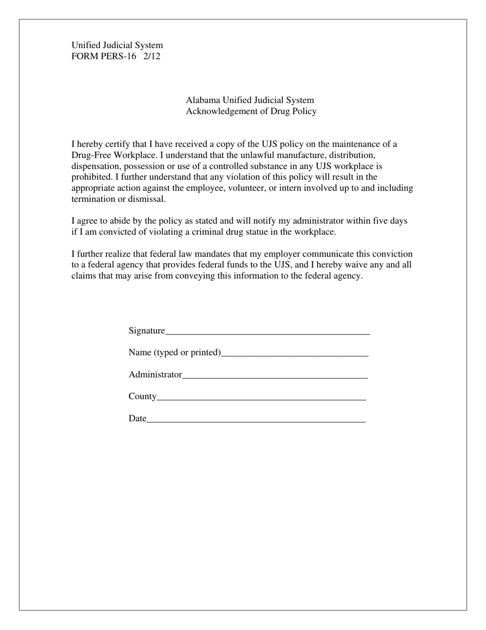 Form PERS-16 Acknowledgement of Drug Policy - Alabama, Page 2