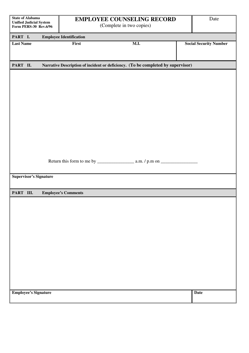 Form PERS-30 Employee Counseling Record - Alabama, Page 1